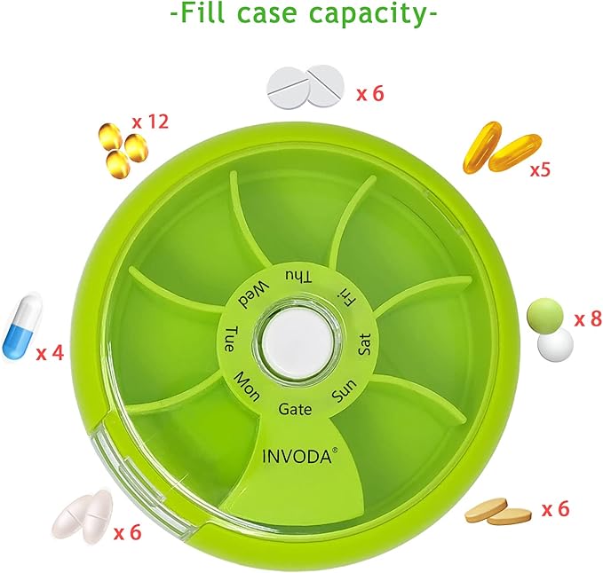 INVODA Weekly Pill Organizer 7 Compartment Rotating Pill Box for Daily Medication & Vitamins - Portable Travel Pill Case Fish Oil Supplements Vitamins Organizer (Pink+Green)