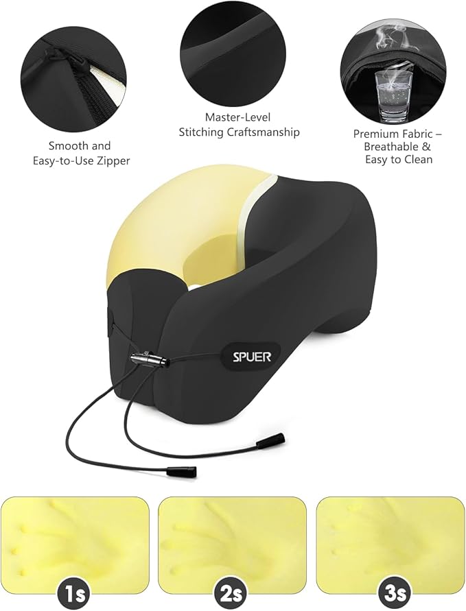 Travel Pillow – Neck Pillow Airplane, Travel Pillows for Airplanes, Airplane Travel Accessories with Eye Mask, Earplugs, Ergonomic Memory Foam Neck Pillow for Sleeping, Flights, Cars, Office (Black)