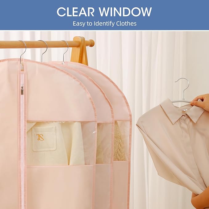 Garment Bags for Hanging Clothes, 50" Long Dress Bags for Closet Storage, Pink Garment Covers with Clear Window for Suits, Coats, Jackets (2 Pack)