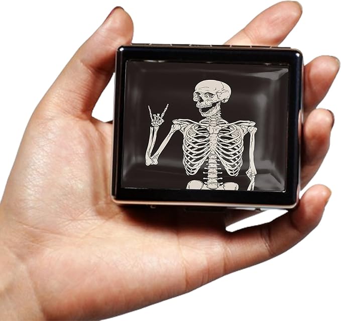 Silver Vintage Pill Box 7 Day Metal Pill Box with Mirror and 8 Compartments Cute Travel Pill Organizer for Purse (Rock and Roll Skull Skeleton)