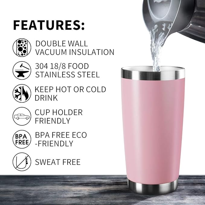 20oz Tumbler Stainless Steel Vacuum Insulated Mug with Lid, Double Wall Travel Mug, Durable Powder Coated Coffee Cup, Suitable for Ice Drinks and Hot Beverage (Pink 6pack)