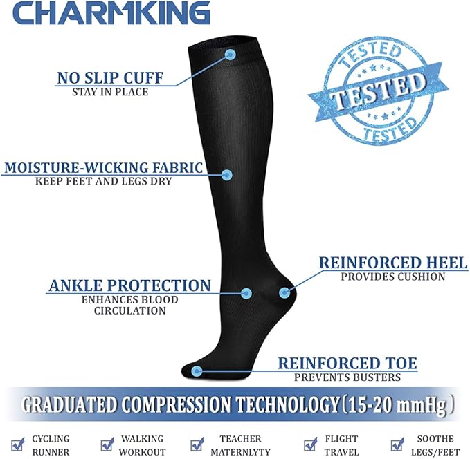 CHARMKING Compression Socks for Women & Men Circulation (3 Pairs) 15-20 mmHg is Best Support for Athletic Running Cycling