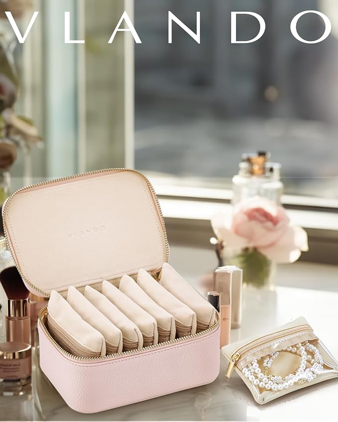 Vlando Graduation Gifts, Jewelry Box with 8 Velvet Jewelry Bags Travel Jewelry Case for Women Girls Jewelry Organizer Necklace Rings Earrings Bags Gift Ideas for Teacher Birthday Bride (Pink)