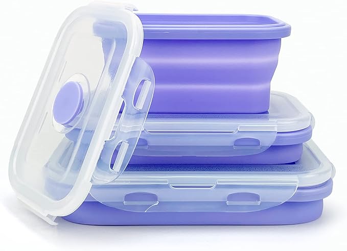 Purple Collapsible Meal Prep Containers Camping Bowls Silicone Bento Box with Airtight Plastic Lid, Microwave Safe, Portable Lunch Container, For Food Storage, Travel and Hiking, 3Pack