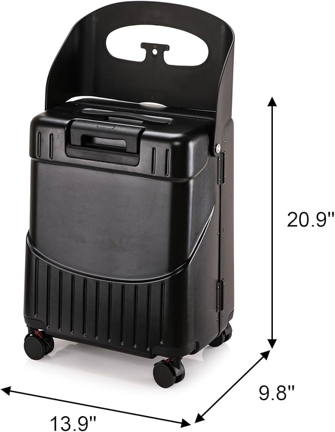 Hardshell Carry On Suitcase with Child Seat, Black Travel Luggage with Front Compartment & 4 Lockable Spinner Wheels, TSA Lock, USB Port, Luggage Cover, Safty Seatbelt (Front-Opening Black, 20 Inch)