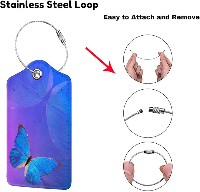 Blue and Purple Luggage Tags with Butterfly Print, Beautiful Violet Suitcase Tags with Privacy Cover Id Card Stainless Steel Loop, 2 Pack Identifiers Tags with Name ID Labels for Women Girls Travel