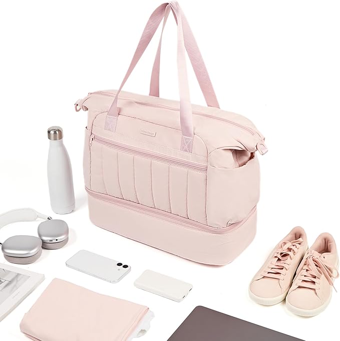 NISHEL Women's 2-in-1 Weekender Duffle Bag, Large Capacity Duffle Bag with Multi-Pocket, Overnight Tote for Travel, Carry On Personal Item, Pink