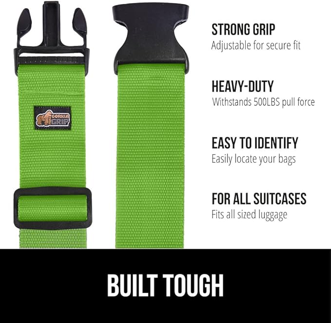 GORILLA GRIP Heavy Duty Adjustable Luggage Straps for Suitcases, Easy to Identify Travel Belt Connector Holds Suitcase Together, Extends Life of Bag, Strap Connects Two Bags, Accessories 2 Pack Green