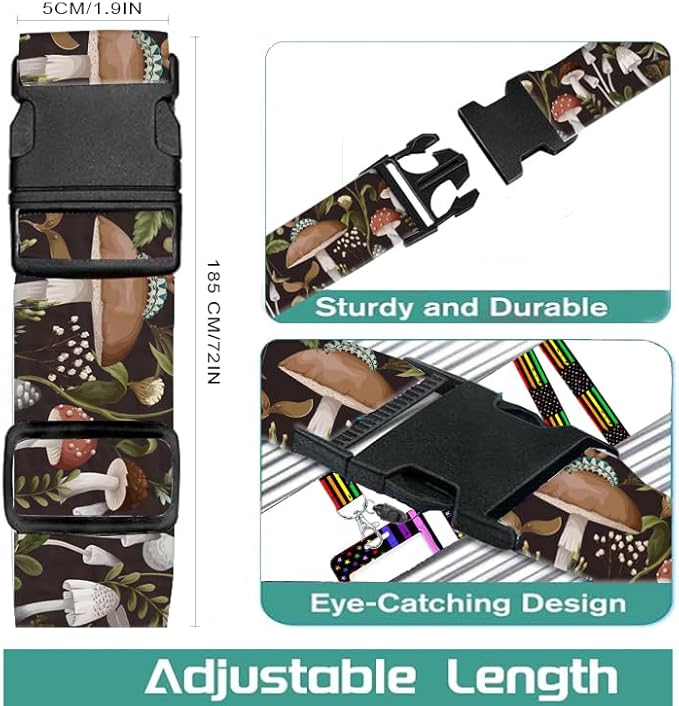 Luggage Straps for Suitcases Travel Belt Accessories, Cute Suitcase Strap, Adjustable Luggage Belt Strap, Heavy Duty with Quick-Release Buckle Luggage Strap Boho Mushrooms