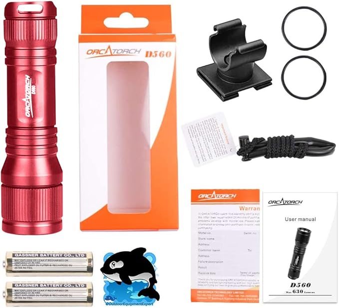 ORCATORCH D560 Mini Scuba Dive Light Headlamp 650 Lumen Mask Diving Flashlight with 360° Rotatable Mask Clip, Underwater 150m Backup Headlight with Rotary Switch (Not Included Snorkel Mask) (Red)