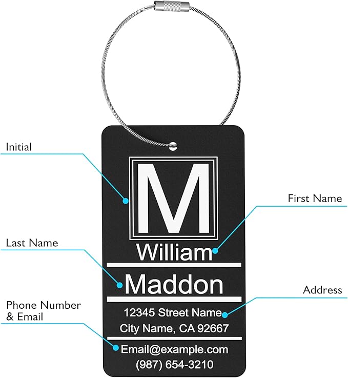 Luggage Tags for Suitcase - Personalized Engraved Metal Tag for Cruise Travel - Blue Custom Name Tags Suitable for Bags and Backpacks