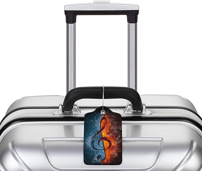 2 Pack Luggage Tags for suitcases Funny Music Water fire Luggage Tag, Leather Stainless Steel Loop Label Tag for Men Women Travel Bag Suitcase(Music Water fire)