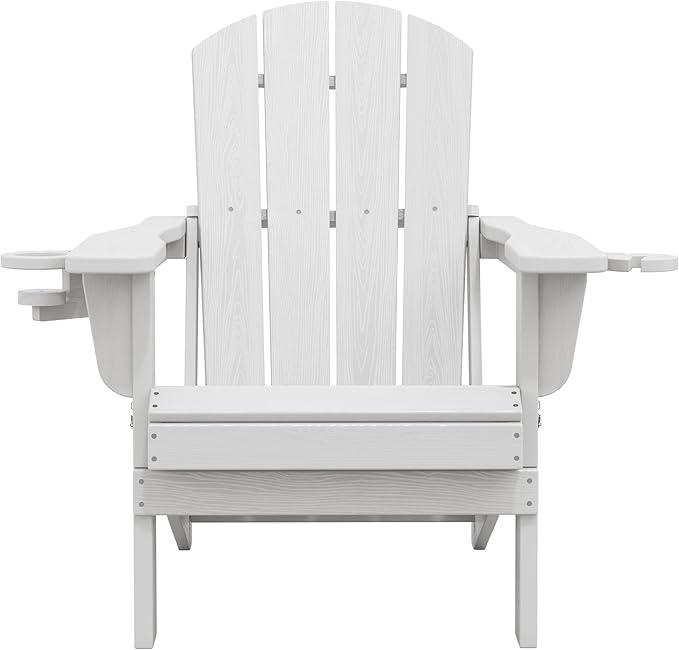 SERWALL Folding Adirondack Chair, Dual Cup Holders & All-Weather HDPE, Wood-Like Patio Chair for Backyard, Camping，Pool & Fire Pit- White