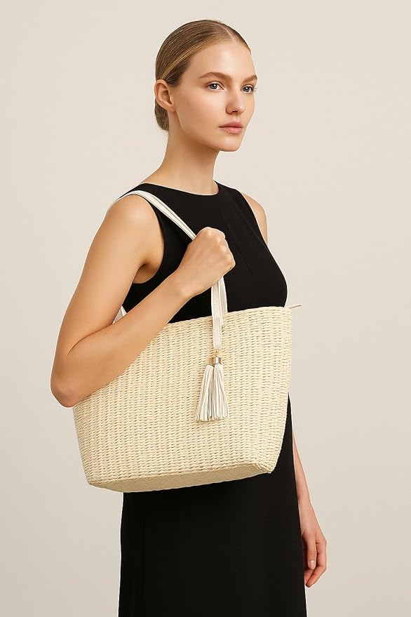 YXILEE Straw Bags For Women | M Size Travel Straw Totes Bag Woven Summer Handmade Shoulder Bag Handbag