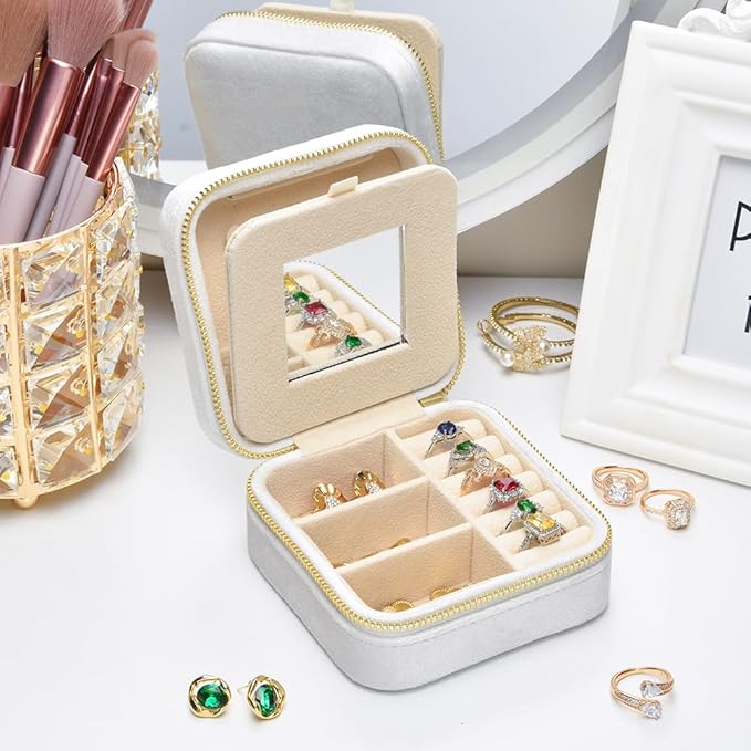 TAIMY Travel Jewelry Case,Small Plush Velvet Travel Jewelry organizer,Portable Mini Travel Jewelry Boxes for Rings Earrings Necklaces Bracelets(White,with Mirror)