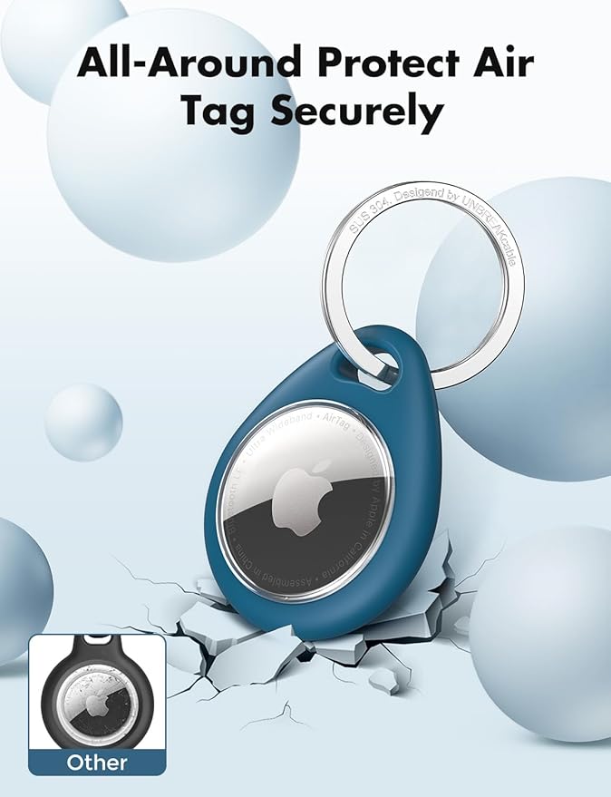 UNBREAKcable Holder for Apple AirTag - 4 Pack [Fit Tightly Design] [Easy to Install] [Hold Air Tag Securely] Waterproof TPU Protective Case with 304 Stainless Steel Keychain Key Ring, Black+Blue