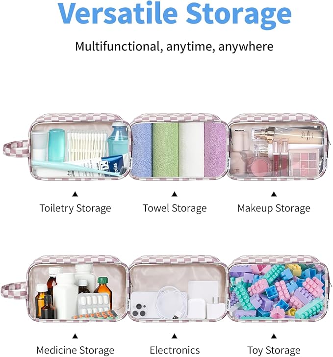 Narwey Clear Toiletry Bags for Traveling Women Men, Clear Travel Bags for Toiletries Makeup Bag Cosmetic Bag with Zipper, Make Up Organizer, Skincare Bag (Dusty Pink Checkerboard)