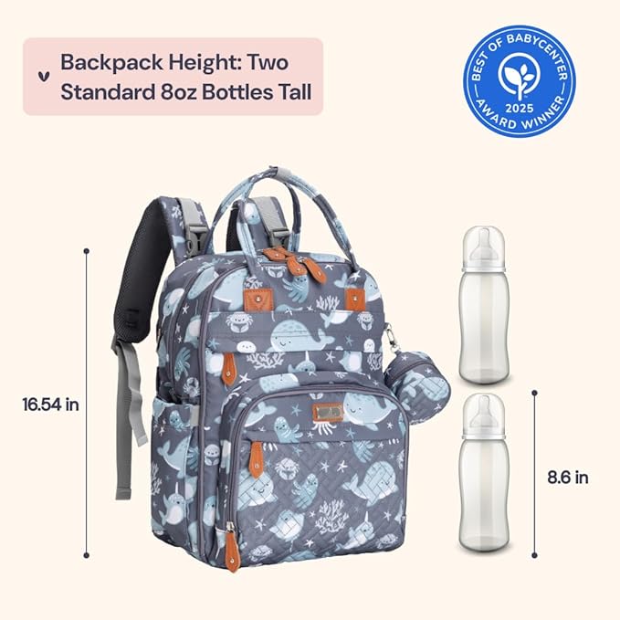 BabbleRoo Diaper Bag Backpack - Baby Essentials Travel Tote - Multi Function Water Resistant Diaper Bag, Travel Essentials Baby Bag with Changing Pad, Stroller Straps & Pacifier Case - Sea Animals