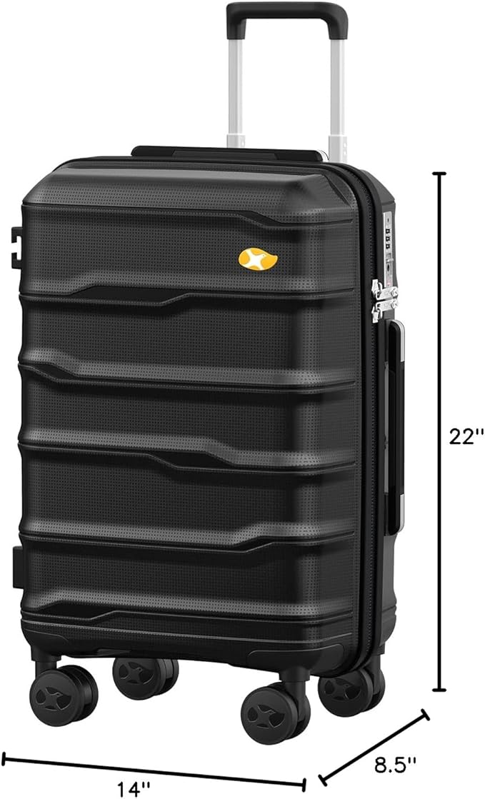 Carry On Luggage 22x14x9 Airline Approved, 20 Inch Ultra Lightweight Hardshell Suitcase with 8 Spinner Wheels & TSA Lock, Fits United, Delta, American Airlines Overhead Bins, Black
