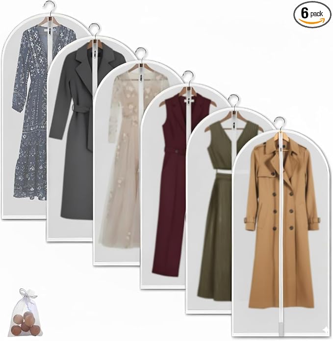Clear Garment Bags Hanging Clothes Bags (Set of 6) for Closet Storage Plastic Bag with Zipper for Extra Longer Dress Wardrobe Closet Garment Dust Cover Bags - 24'' x 60''/6 Pack