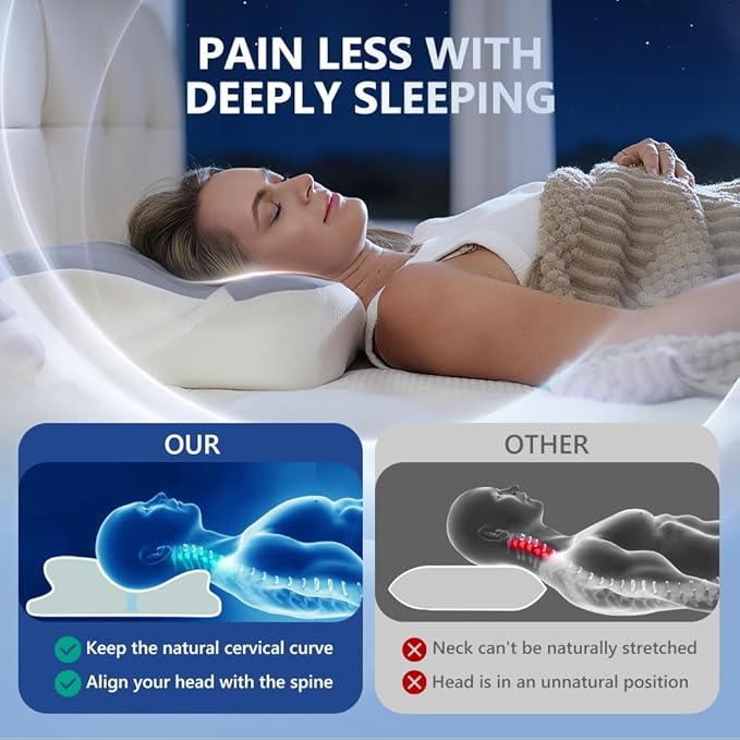 Cervical Pillow for Neck Pain Relief, Ergonomic Neck Pillow for Sleeping, Side Sleeper Pillows for Adults - Memory Foam Pillows with Cooling Case