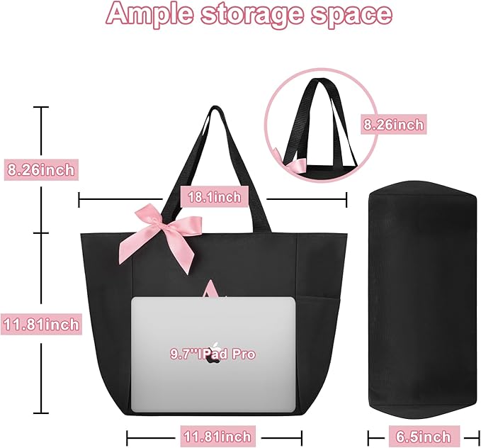 Vavabox Tote Bag, A-Z Initial Monogrammed Waterproof Tote Bag, Bridesmaid Gifts for Women, Black and Pink