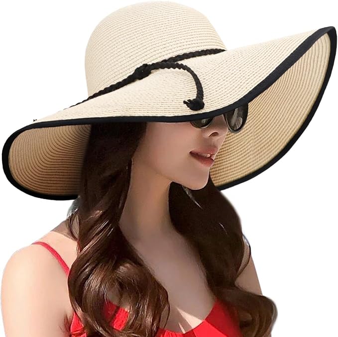 DRESHOW Beach Hats for Women Big Straw Wide Brim Summer Hat Floppy Foldable Roll up Cap Sun Hat UPF 50+