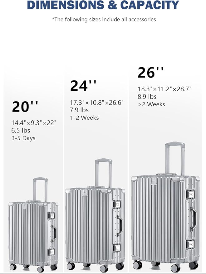 HotWay 26 Inch Aluminum Frame Luggage with Spinner Wheels, PC Hard Shell Suitcase with Cup Holder, Zipperless Luggage for Business Travel, Silver