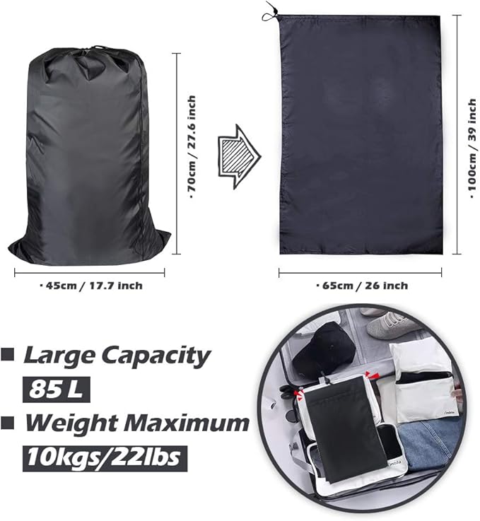 Washable Travel Laundry Bag with Drawstring (3 Pack), Large Dirty Clothes Bag Fit a Laundry Basket or Clothes Hamper, Enough to Hold 4 Loads of Laundry,26x39 inches Black 3