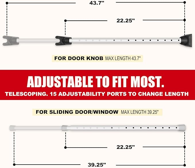 SECURITYMAN 2-in-1 Door Security Bar & Sliding Patio Door Security Bar (2 Pack) via Interchangeable Caps - Heavy Duty Iron Construction Door Stoppers for Home, Apartment, Travel Hotel - White