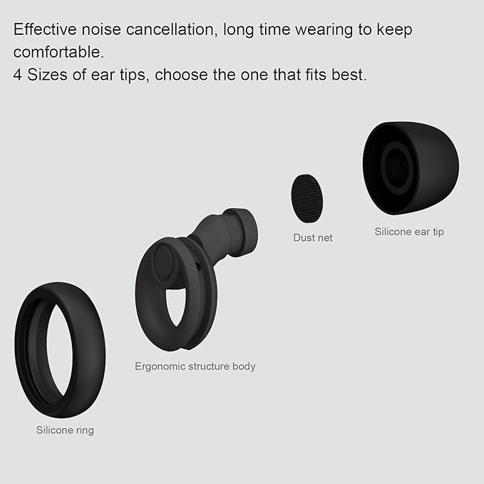 Ear Plugs for Sleeping Noise Cancelling 2 Sets, Reusable Earplugs Hearing Protection 30dB, Soft Silicone Ear Plugs for Concerts, Party, Focus - 8 Pairs Ear Tips in XS/S/M/L - Black