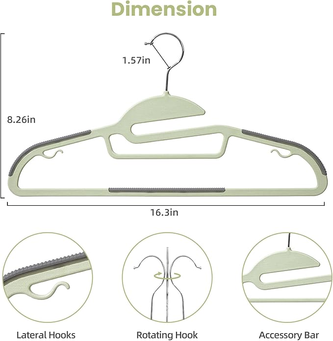 BAGAIL Plastic Hangers 50 Pack with Non-Slip Design,0.2 Inches Thick, 360°Swivel Hook Space Saving Organizer for Bedroom Closet,Shirts,Pants(Matcha Green- S Shaped)