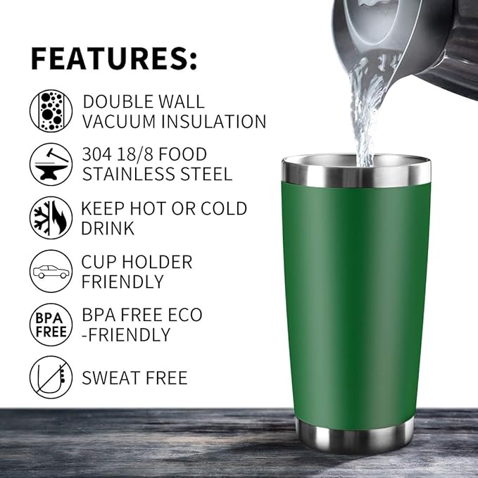 20oz Tumbler Bulk Stainless Steel Vacuum Insulated Tumblers with Lid Double Wall Travel Mug, Powder Coated Coffee Cup, Suitable for Ice Drinks and Hot Beverage (Dark green 6pack)