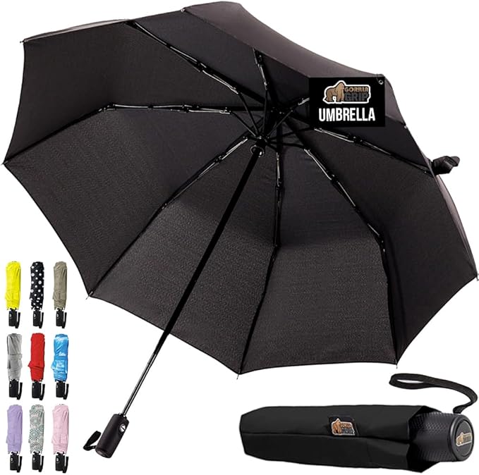 GORILLA GRIP Windproof Compact Stick Umbrella for Rain, Travel One-Click Automatic Open and Close, Strong, Lightweight, Stocking Stuffer, White Elephant Holiday Gift, Portable, Easy Collapsible, Black
