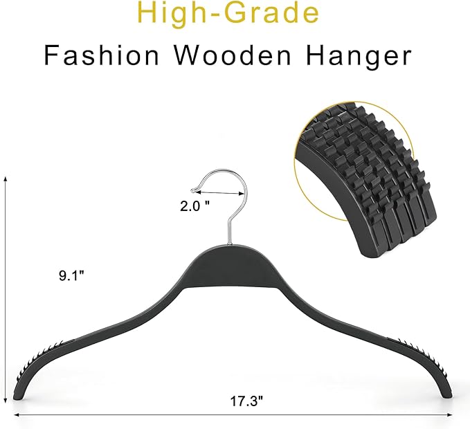 TOPIA HANGER Slim Wooden Hangers with Extra Soft Non-Slip Rubber Grips, 18-Pack High-Grade Fashion Black Hanger No Shoulder Bump for Sweater, Camisole, Jacket, Dress, Coat-CT16B