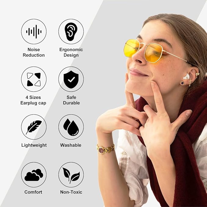 Ear Plugs for Sleeping Reusable Earplugs for Concerts Noise Cancelling Soft Silicone Noise Reduction Earbuds for Travel Focus Work 33-45dB Hearing Protection with 9 Ear Tips & Case (Off-White)