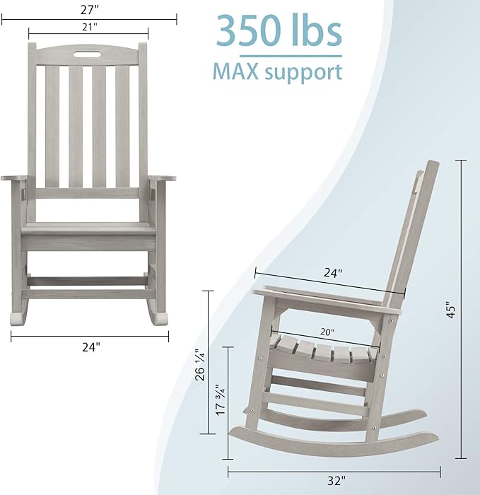 Psilvam Oversized Outdoor Rocking Chair Set of 2, Porch Rocker with 21" Wide Seat and 32" Tall Backrest, Pre-Assembled with Most Components for Effortless Installation (Grey)