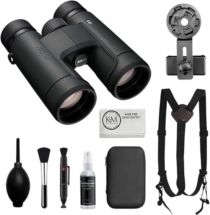 Nikon PROSTAFF P7 10x42 Binoculars Bundled with Harness Strap + Deluxe Cleaning Kit + Smartphone to Binocular Adapter + Microfiber Cleaning Cloth (5 Items)