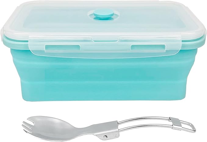 CARTINTS Large Collapsible Camping Food Containers, 1200ml Silicone Lunch Container, Microwave Safe Reusable Meal Prep Container For Indoor&Outdoor Kitchen With Foldable Spoon, Blue