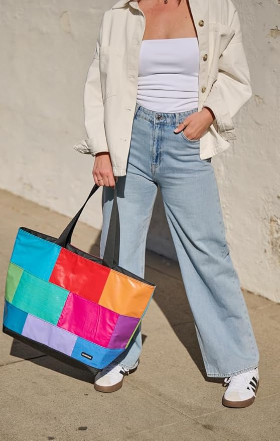 Rareform Large Zippered Blake Tote Bag | One-of-a-Kind, Water-Resistant, Recycled Billboard Vinyl | Color and Pattern Vary