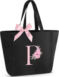 Vavabox Tote Bag, A-Z Initial Monogrammed Waterproof Tote Bag, Bridesmaid Gifts for Women, Black and Pink