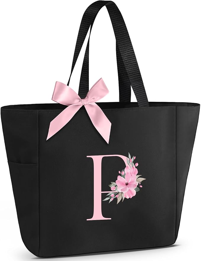 Vavabox Tote Bag, A-Z Initial Monogrammed Waterproof Tote Bag, Bridesmaid Gifts for Women, Black and Pink