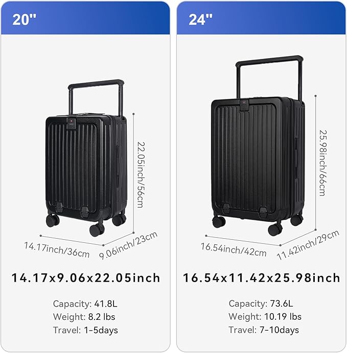 SOKOK Front Pocket Luggage Carry On with Spinner Wheels, Wide Handle Travel Suitcase PC Hardshell Durable Rolling Luggage for Business Trip with Charging Port and Cup Holder, Black