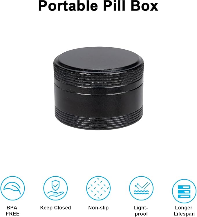 XHT Small Round Black Pill Box - Single Waterproof Portable Pill Container for Pocket & Purse, Travel Medicine Organizer, Compact Aluminum Pillbox Holder for Medication, Fish Oil
