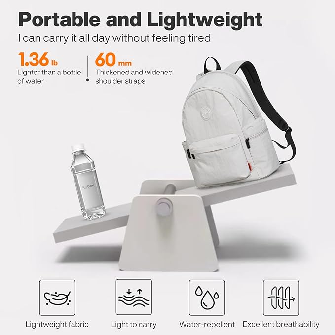 mixi Outdoor Lightweight Backpack Casual Carry On Laptop Backpack Travel Bookbag for Women Men, Water Resistant Durable Hiking Bag for Camping Weekender Sports College Work, 17 Inch, Light Gray