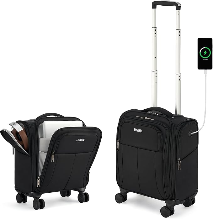 16 Inch Underseat Carry On Luggage with Wheels Softside Small Suitcases Personal Item Bag with Pocket Travel Luggage for Men Women Business Overnight Bag(Black)