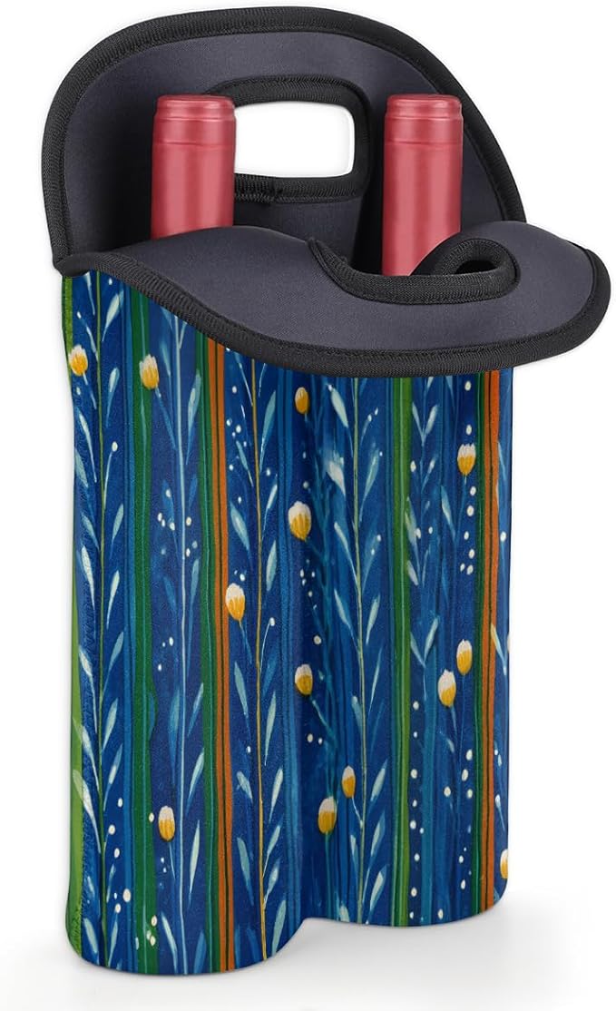 Neoprene Wine Tote, Bottle Carrier Gag Insulating Neoprene Thicker, Insulated Wine Bag for Travel Holds Two Bottles, Bottle Carrier Bags Protect the Bottles, Line Flower