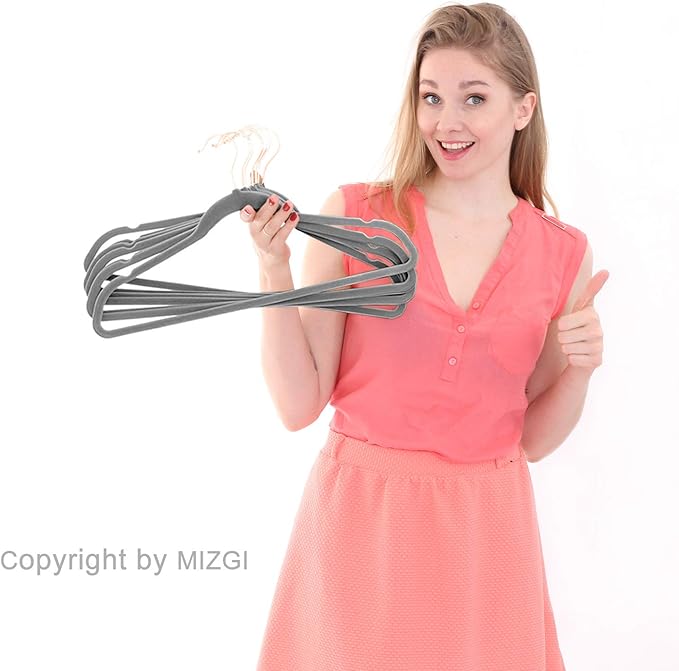 MIZGI Premium Velvet Hangers (50 Pack) Heavy Duty Non Slip Felt Hangers Gray,Rose Gold 360 Degree Swivel Hooks,Space Saving Clothes Hanger,Durable Strong Hanger for Suits,Coats,Pants & Dress