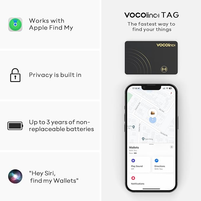 [Apple MFi Certified] VOCOlinc Air Tag Card Wallet Tracker 1.6mm 2 Pack, Smart Item Finder Work with Apple Find My APP (iOS Only, Android not Supported), Locator for Luggage, Suitcase, Bags, Backpack.