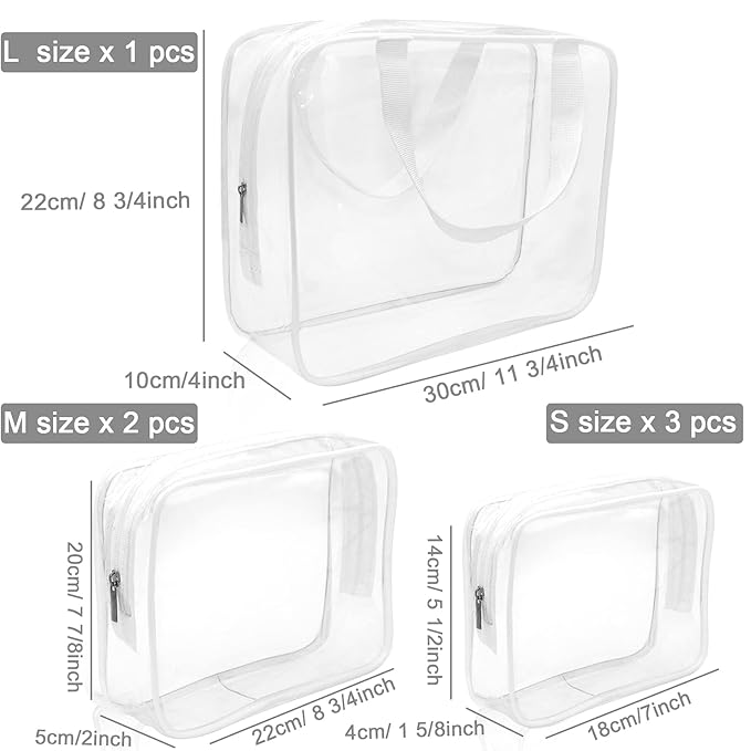 APREUTY Clear Makeup Bags, TSA Approved 6Pcs Cosmetic Makeup Bags Set Clear PVC with Zipper Handle Portable Travel Luggage Pouch Airport Airline Organization (White)